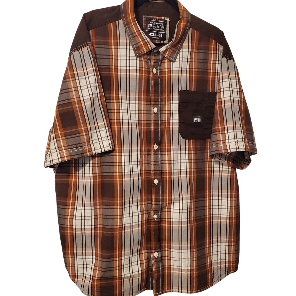 Parish Nation Mens 4XL Plaid Button Down Shirt Brown Orange Short Sleeve Cotton